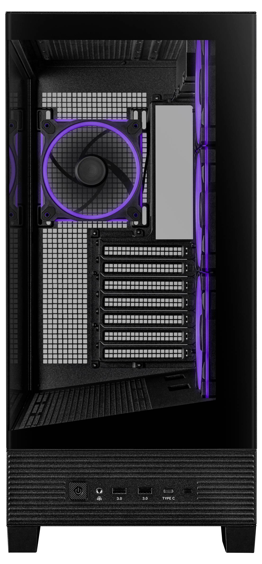 Boîtier d'ordinateur noir avec ventilateur visible et éclairage violet. La façade présente des ports et des commandes pour le fonctionnement de l'ordinateur.