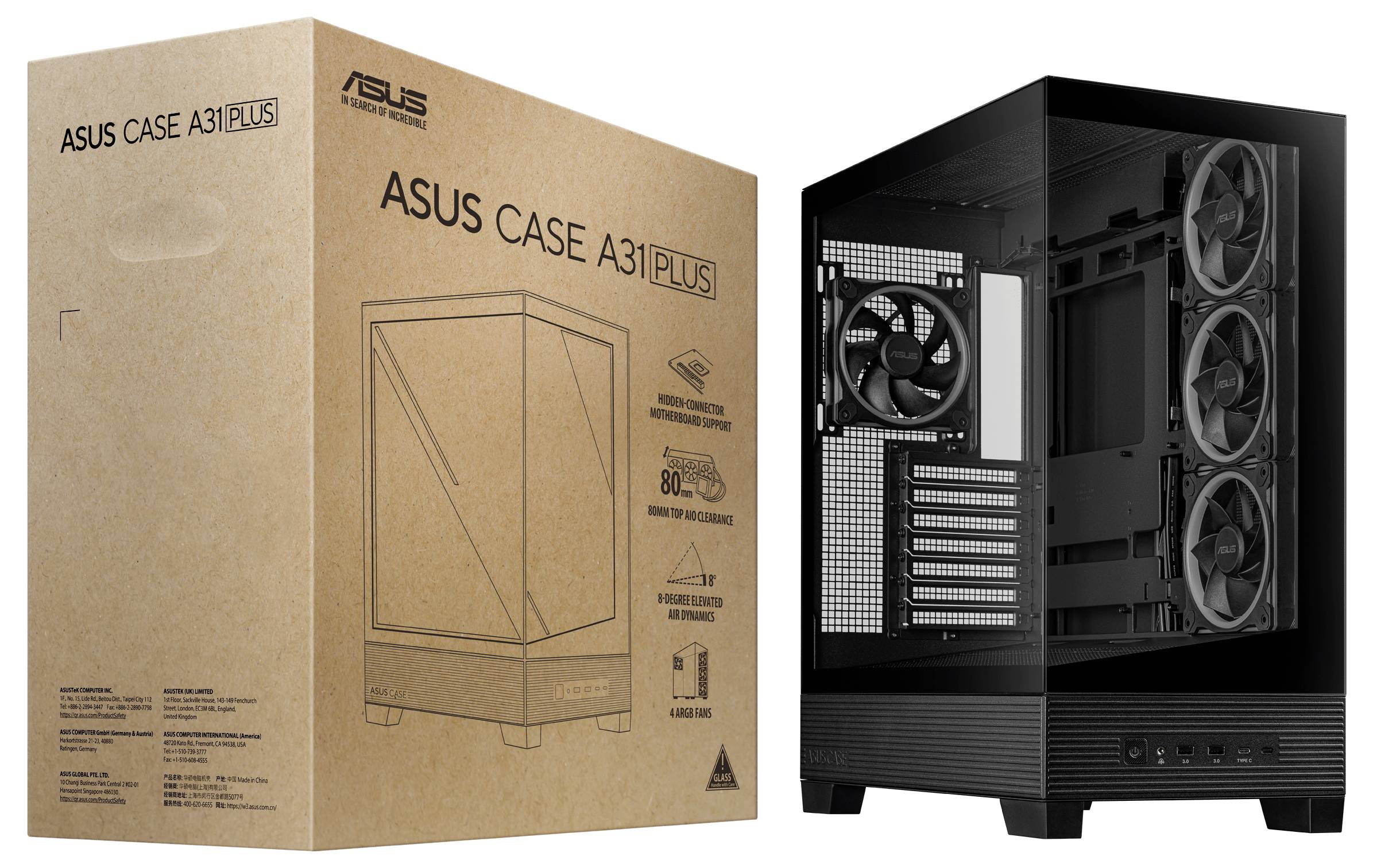 Boîtier ASUS A31 Plus et son emballage, illustration d'un boîtier vide avec des ventilateurs montés à gauche et à droite, à côté de la boîte du produit.