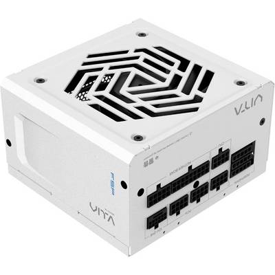 Bloc d'alimentation blanc pour ordinateur avec plusieurs ports et ventilateur sur le dessus.