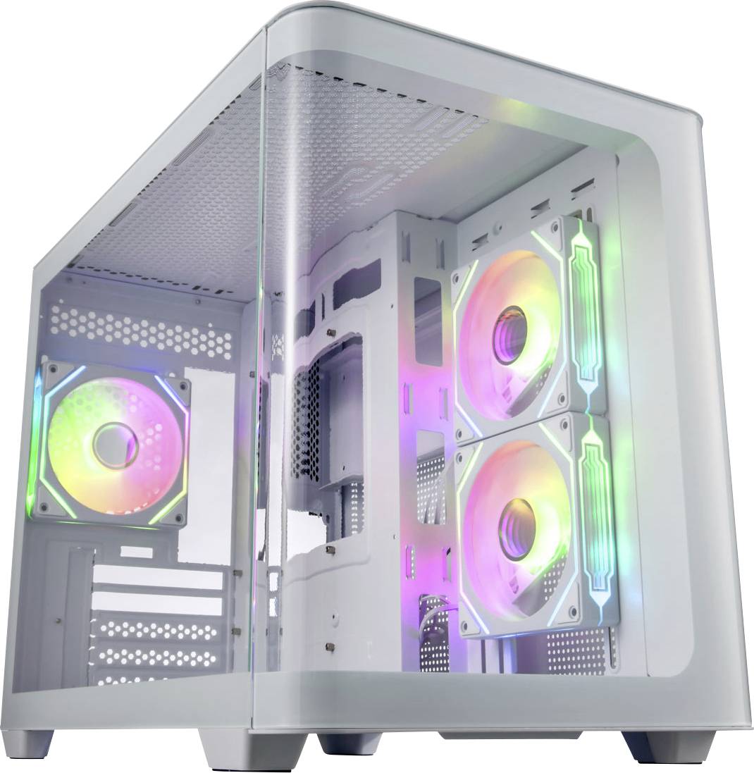 Un boîtier PC blanc avec une paroi latérale en verre révèle des ventilateurs colorés et lumineux à l'intérieur.