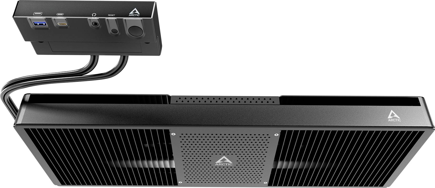 Un système de ventilation avec un boîtier rectangulaire et une unité de commande latérale, reliés par des câbles, offre des fonctions de contrôle modernes.
