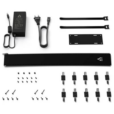 Kit d'alimentation avec câbles, vis, serre-câbles et supports, conçu pour le raccordement et la fixation d'appareils électroniques.