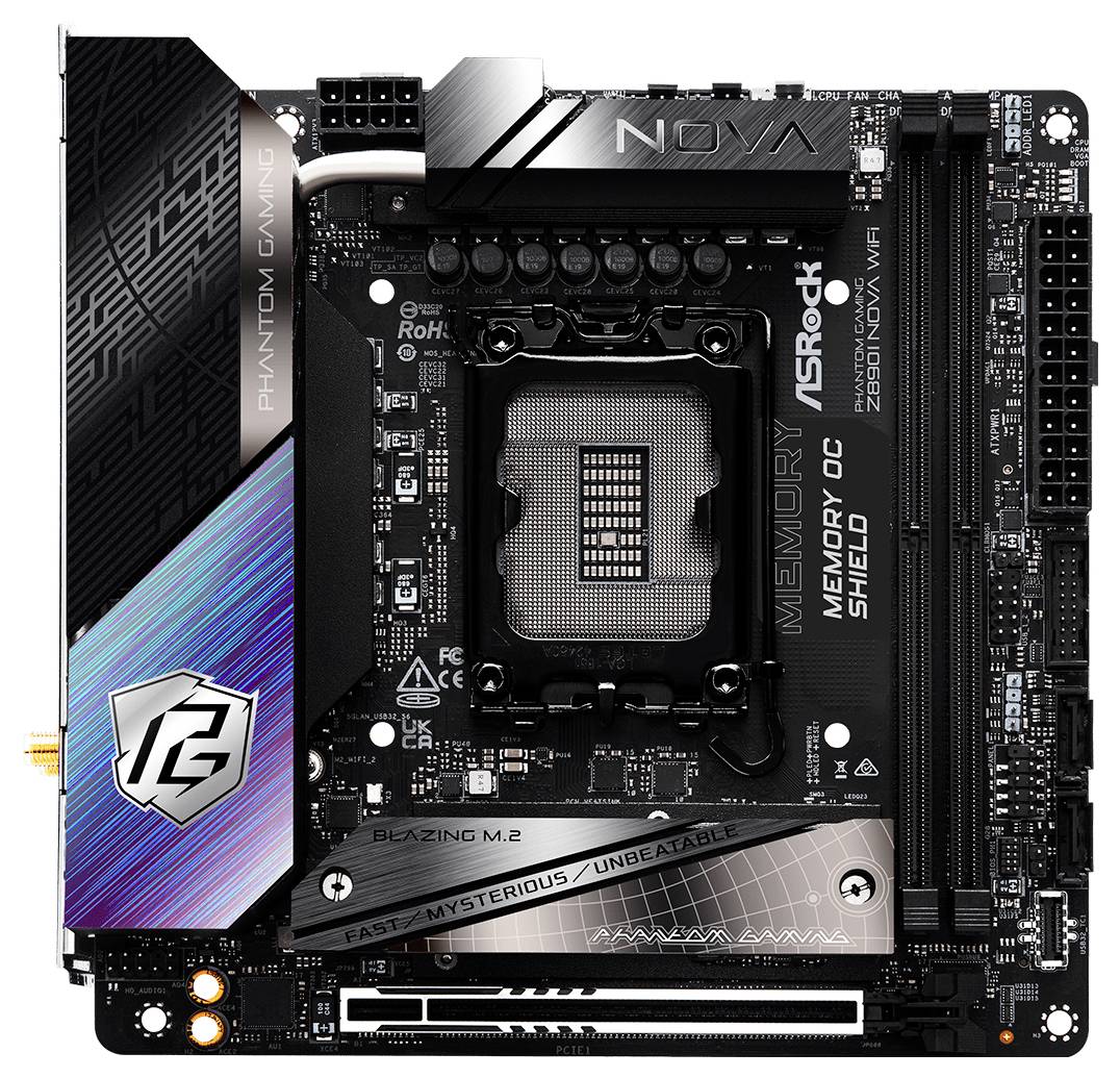Carte mère 'ASRock Z590 Phantom Gaming-ITX/TB4' avec design RGB, socket CPU au centre, entourée de dissipateurs thermiques et de connecteurs.