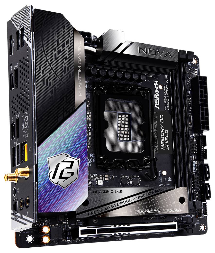 'Carte mère noire avec des accents argentés et colorés, logos et inscription : ASRock B760M ITX, emplacements et connexions importants visibles.'