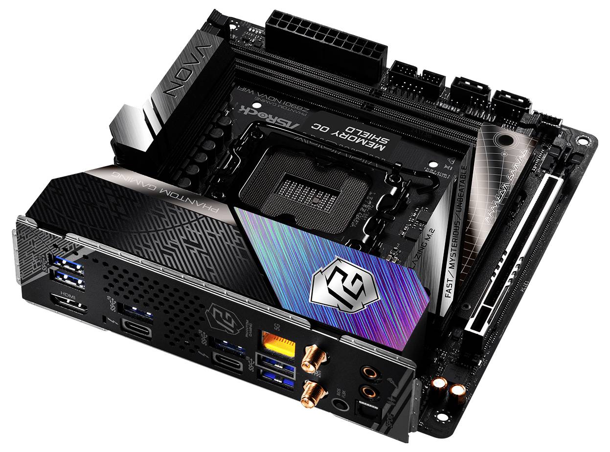 Carte mère au format Mini-ITX avec différentes connexions et une zone éclairée en RGB, adaptée aux ordinateurs de jeu.