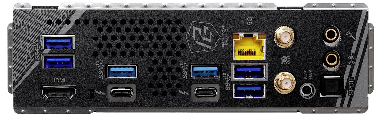 Vue arrière d'une carte mère d'ordinateur avec différents ports, notamment des ports USB, HDMI, Ethernet, des sorties audio et des connecteurs d'antenne.