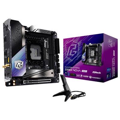 Carte mère Mini-ITX ASRock Z890I NOVA avec prise en charge du Wi-Fi et de Thunderbolt, à côté de son emballage de produit présentant des designs similaires.