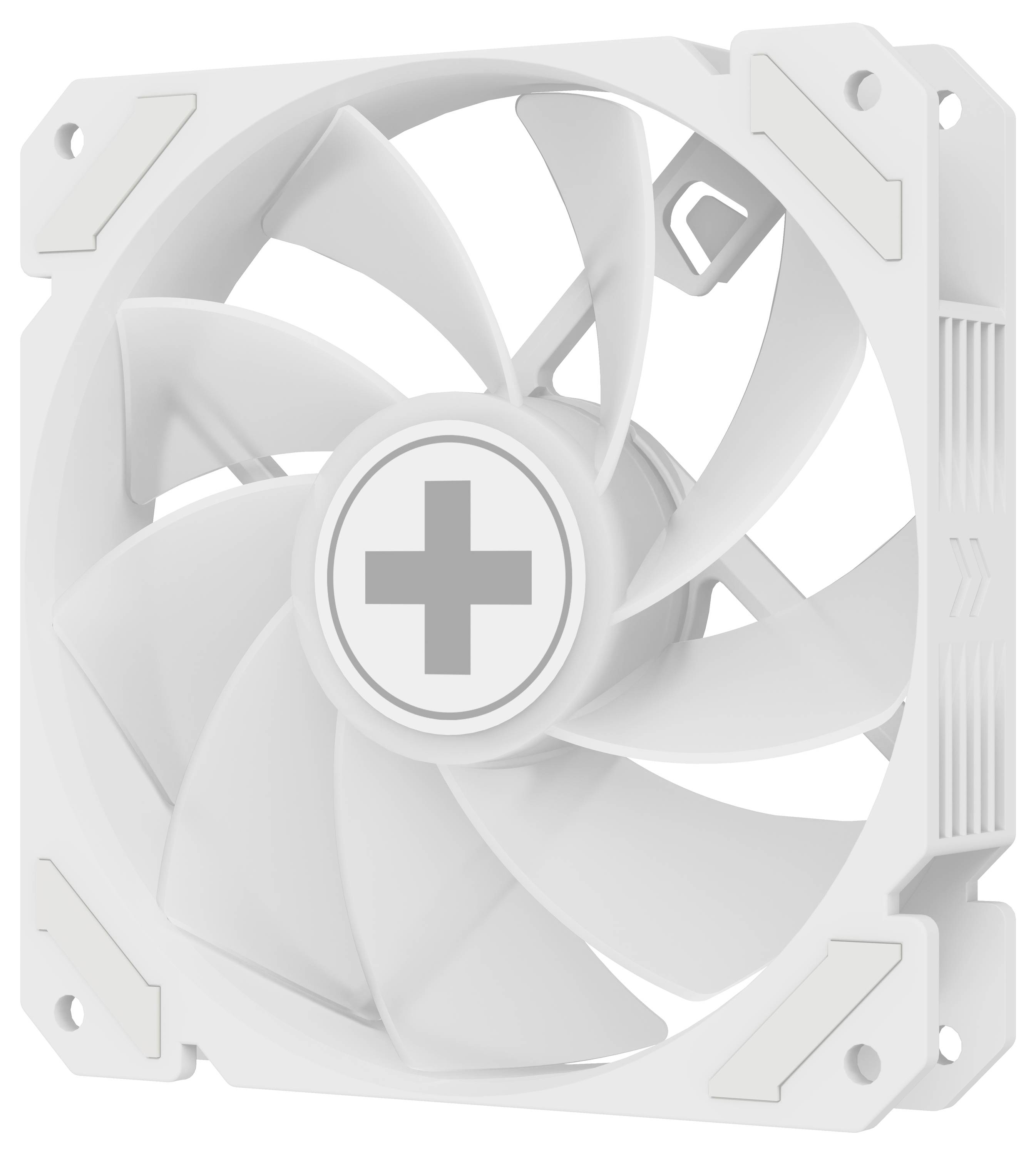 Un ventilateur d'ordinateur blanc à six pales, avec un signe plus au centre. Adapté pour le refroidissement du matériel informatique.