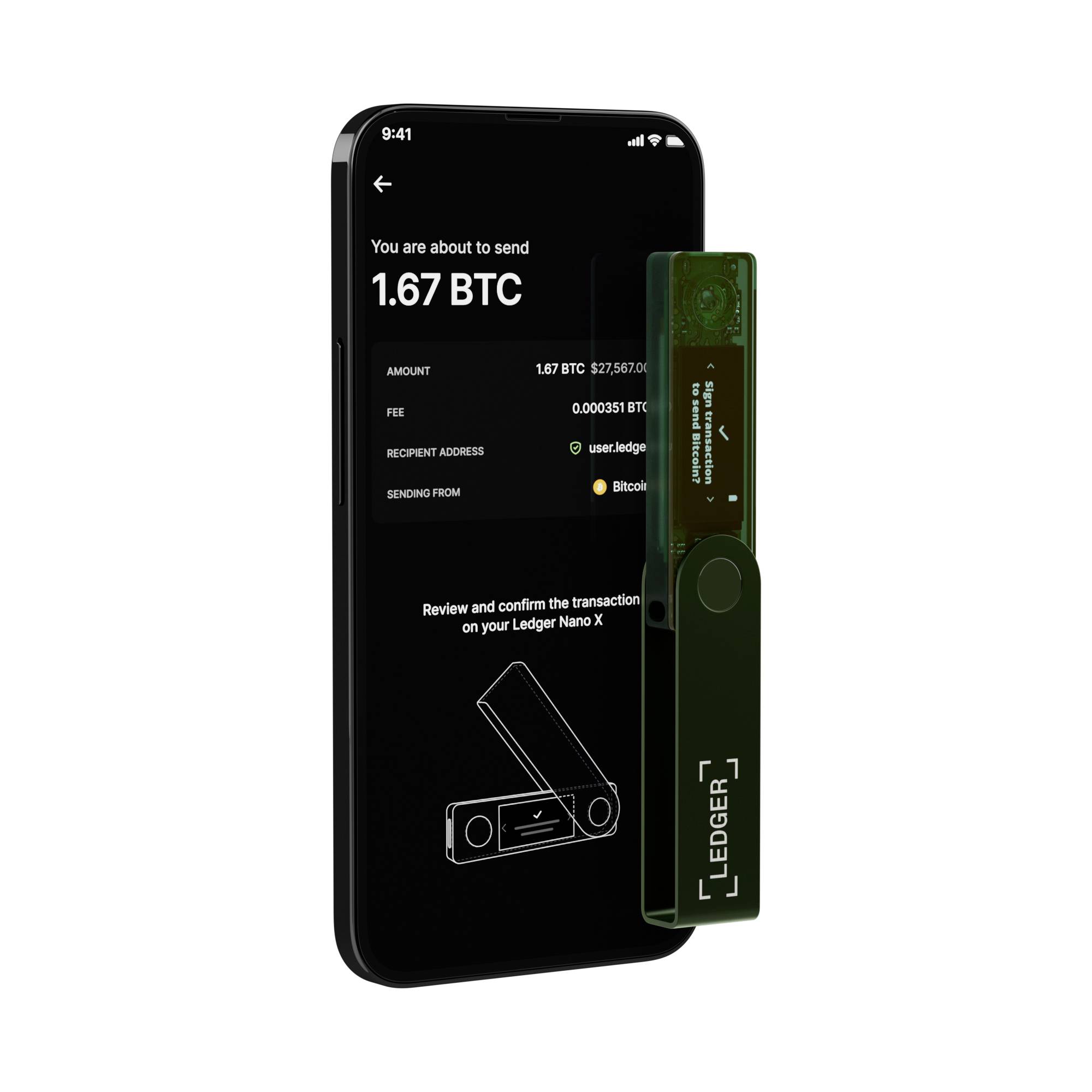 Un smartphone affiche l'écran montrant les détails d'une transaction Bitcoin de 1,67 BTC. À côté se trouve un appareil Ledger Nano servant à confirmer la transaction.
