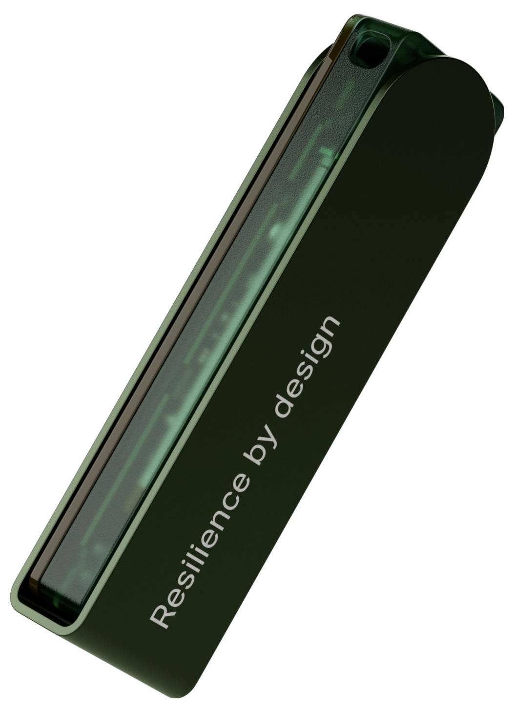 Poignée de couteau de poche vert foncé portant l'inscription « Résilience par design ».