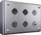 Six prises rondes argentées sur une plaque rectangulaire en métal, conçues pour des usages industriels.