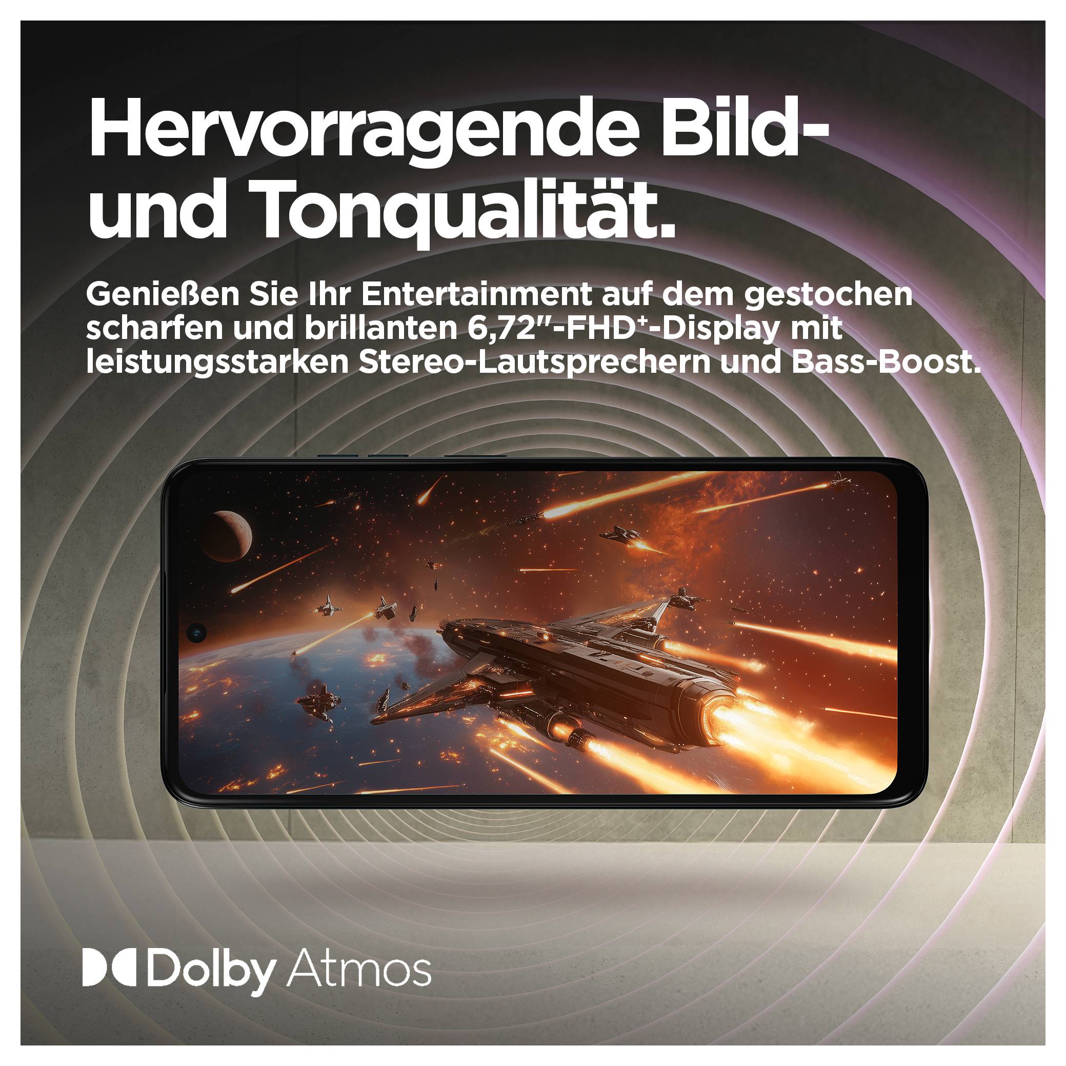 Smartphone avec Dolby Atmos, affichant un jeu spatial avec des vaisseaux et des explosions sur un écran FHD+ de 6,72". Texte en haut : Qualité d'image et de son exceptionnelle.