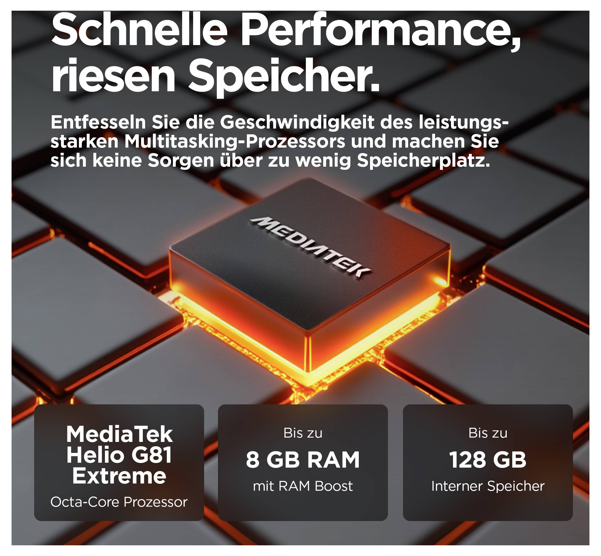 Une puce MediaTek brillante sur grille ; Le texte souligne les performances, le multitâche avec MediaTek Helio G81 Extreme, jusqu'à 8 Go de RAM, 128 Go de stockage.
