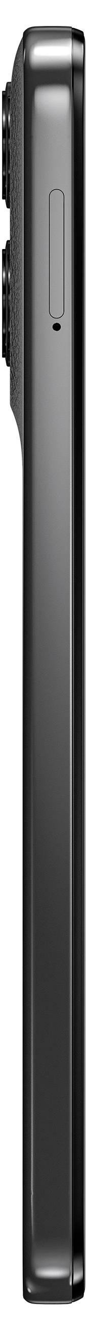 Vue de côté d'un smartphone noir montrant son profil fin avec un bouton d'alimentation et plusieurs objectifs de caméra arrière.