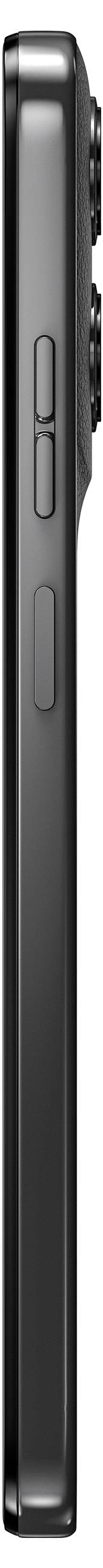 Vue latérale d'un smartphone noir épuré affichant les boutons de volume et d'alimentation, avec un module de caméra en saillie à l'arrière.