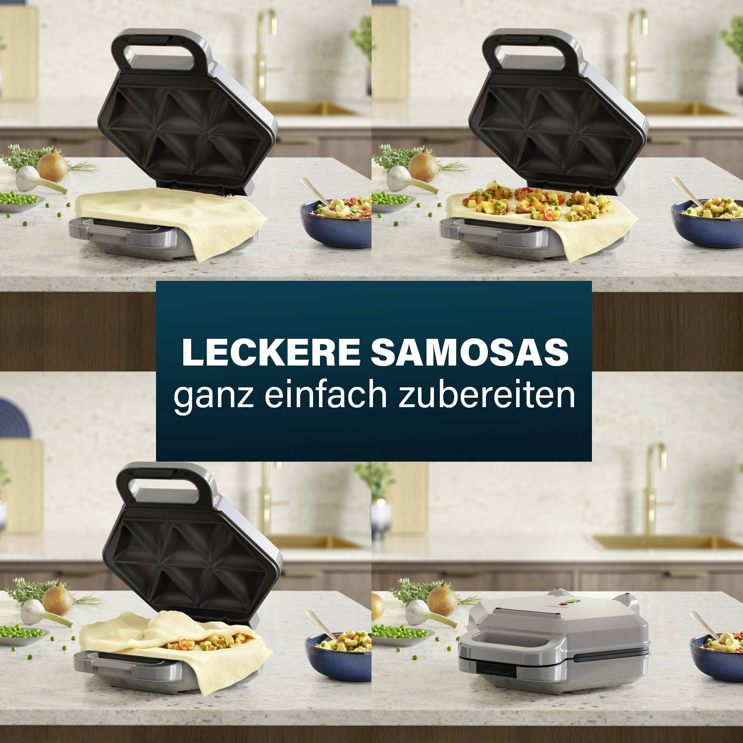 Délicieux samosas aux légumes préparés dans un sandwich maker. Texte : 'Préparer facilement de délicieux samosas'