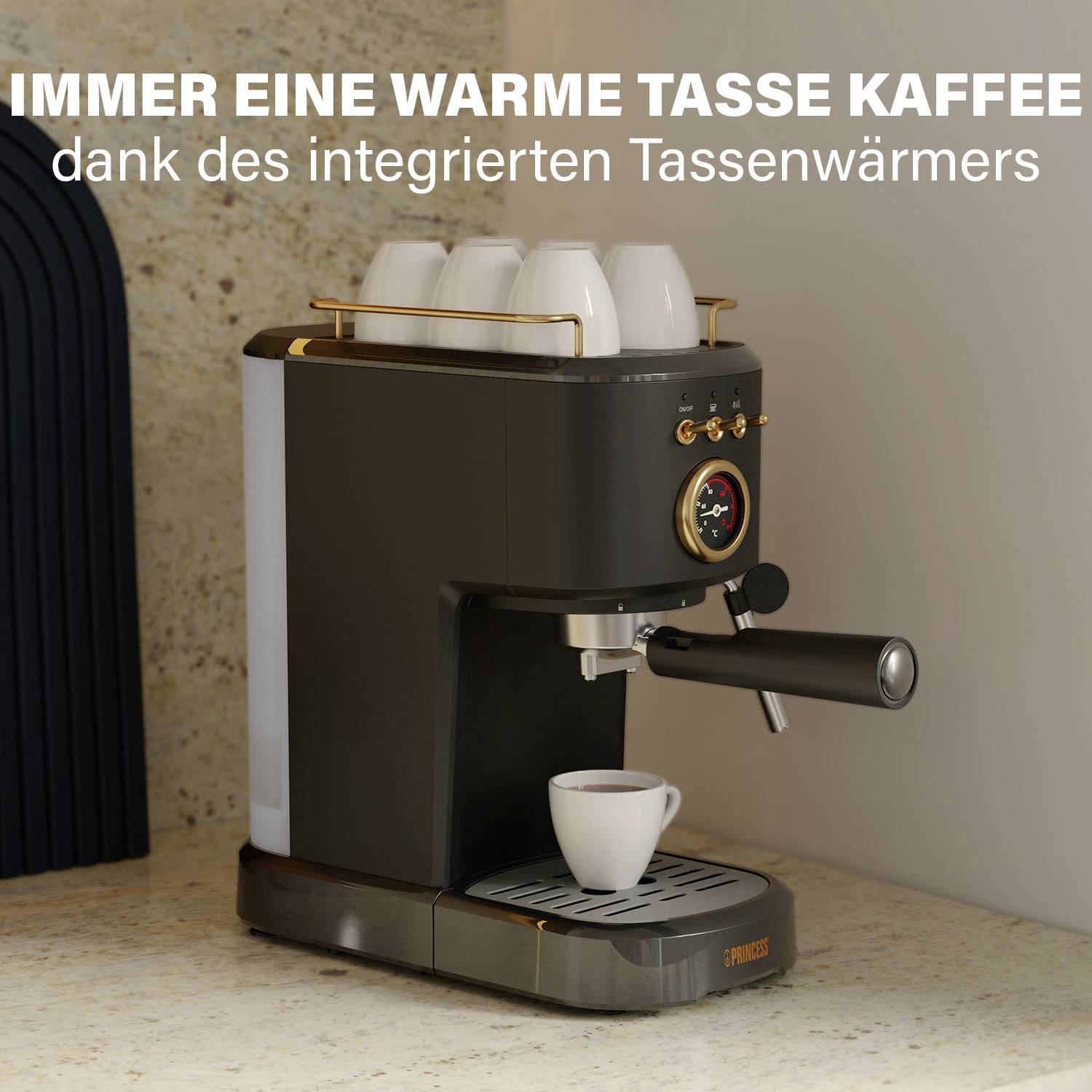 Machine à café au design moderne, couleur noire, quatre tasses dessus. Texte en haut : 'Toujours une tasse de café chaude grâce au chauffe-tasses intégré'.