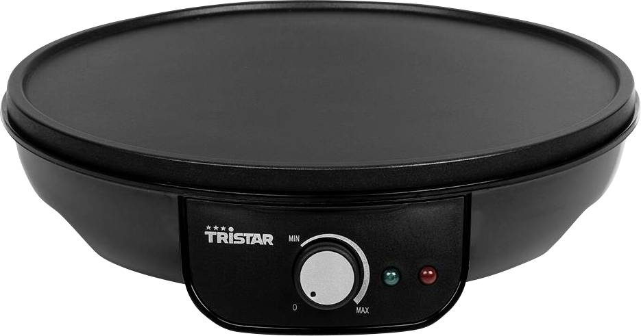 Machine à crêpes électrique noire avec régulateur de température et deux voyants lumineux à l'avant.