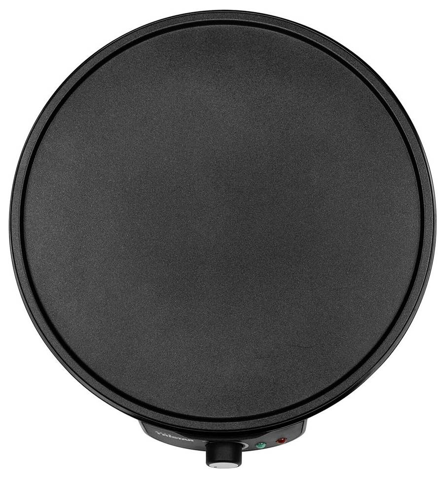 Poêle à crêpes noire et ronde, équipée d'un régulateur de température et de témoins lumineux, photographiée vue du dessus.