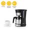 'Machine à café avec carafe en acier inoxydable, tasse de café à côté. Fonctions : 8-10 tasses, arrêt automatique, indicateur de niveau d'eau.'