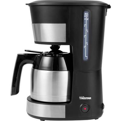 Machine à café filtre noire avec carafe en verre et indicateur de niveau d'eau sur le côté, adaptée pour préparer jusqu'à 10 tasses de café.