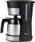Machine à café filtre noire avec carafe en verre et indicateur de niveau d'eau sur le côté, adaptée pour préparer jusqu'à 10 tasses de café.