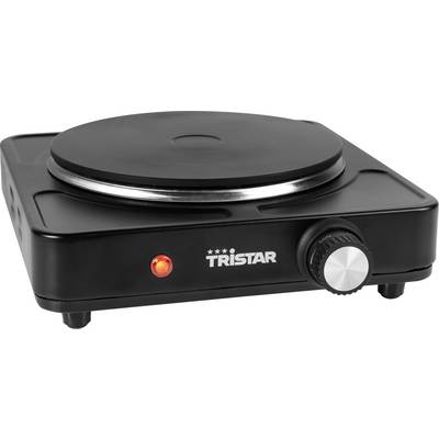 Four électrique noir individuel avec plaque de cuisson ronde, voyant rouge et bouton de réglage argenté, de la marque 'TRISTAR'.