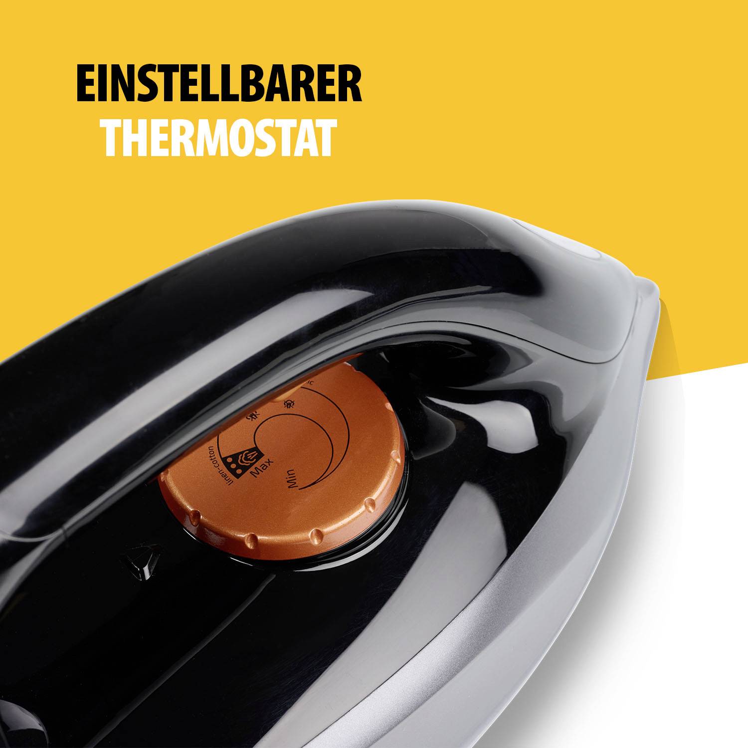 Fer à repasser avec un thermostat réglable, mis en évidence par l'inscription 'THERMOSTAT RÉGLABLE'.