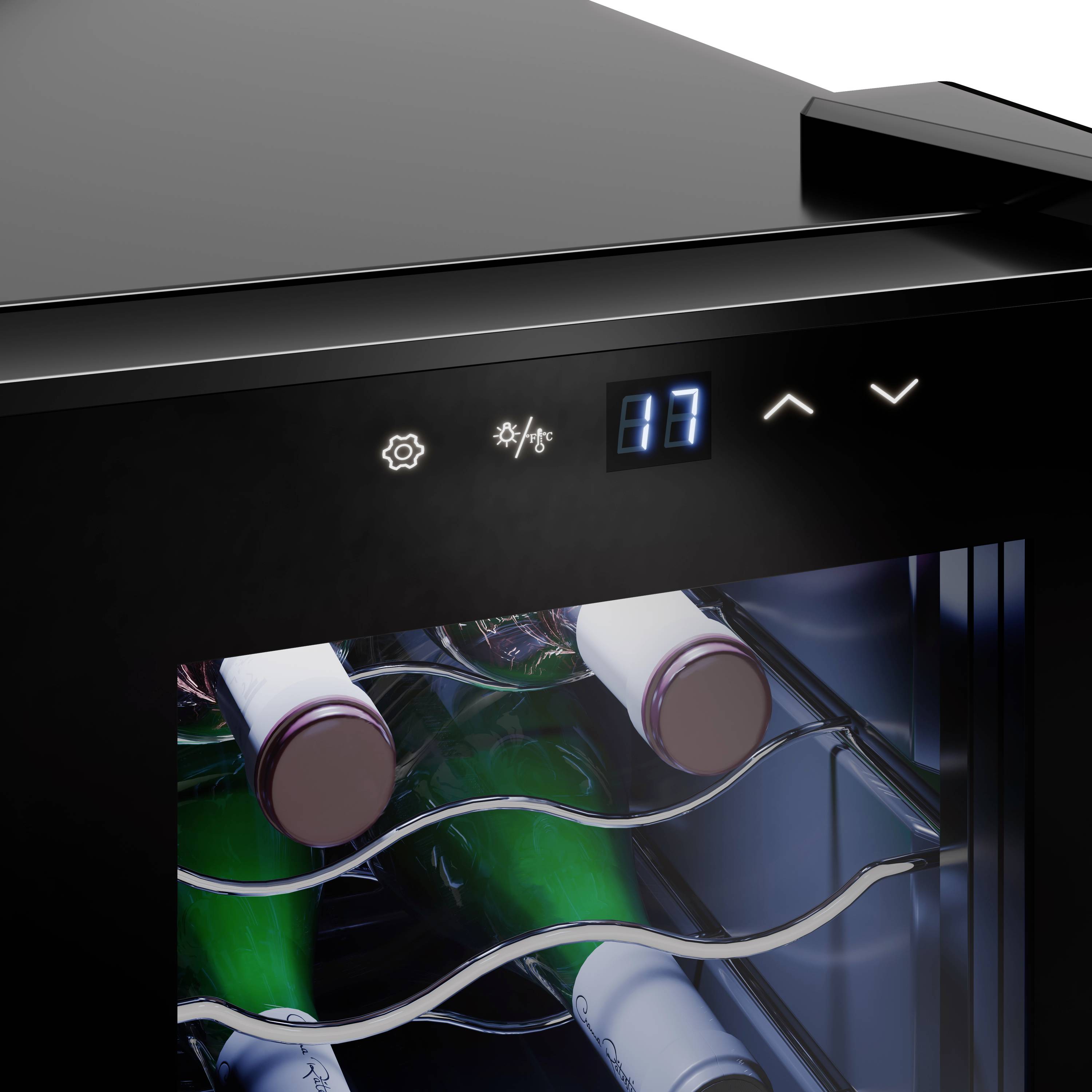 Petit réfrigérateur à vin avec affichage numérique à 17 degrés, contenant plusieurs bouteilles de vin dans un boîtier noir à façade en verre.