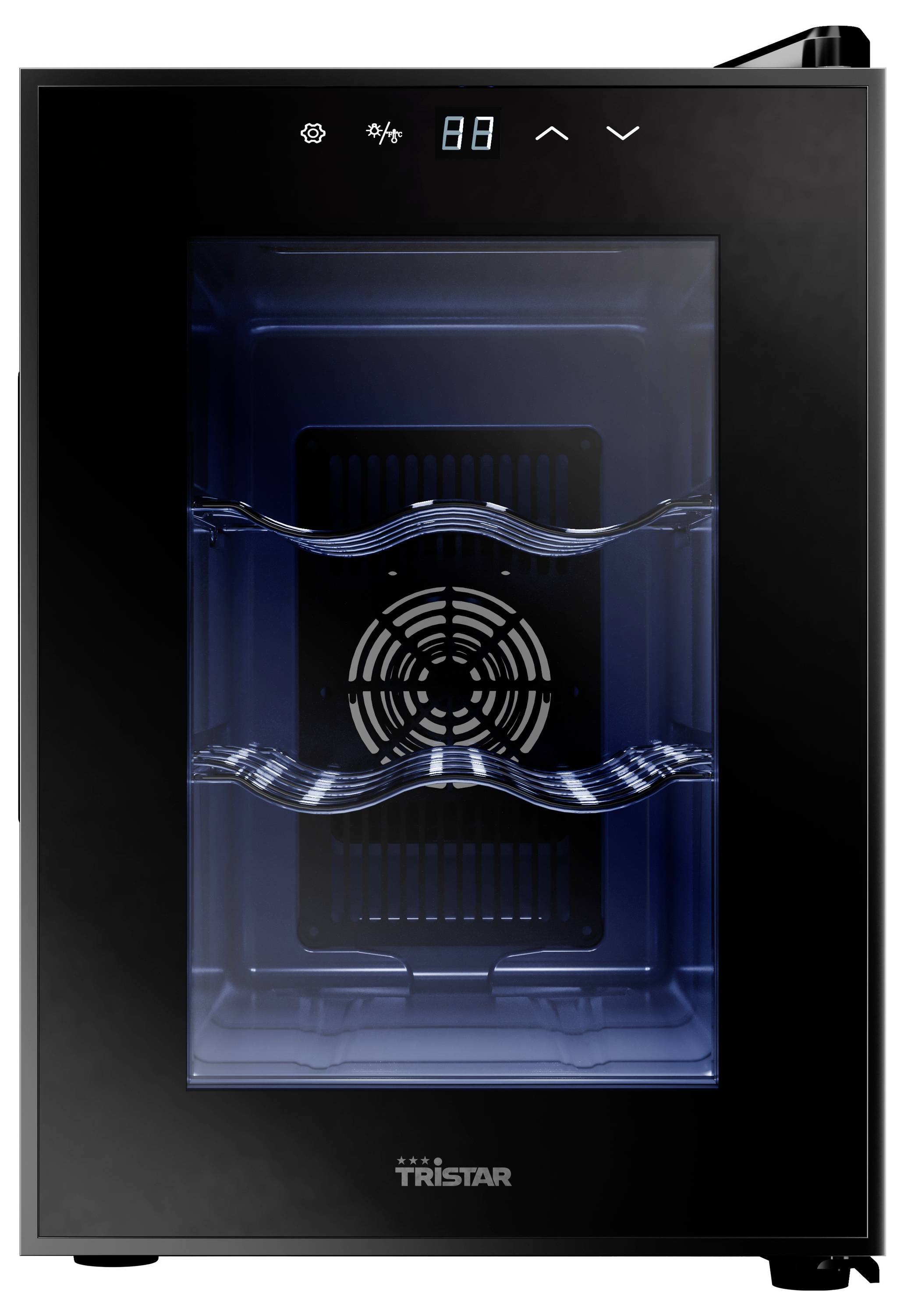 Petit réfrigérateur à vin noir avec porte en verre, affichage numérique de la température et deux étagères. Adapté pour le stockage des vins.