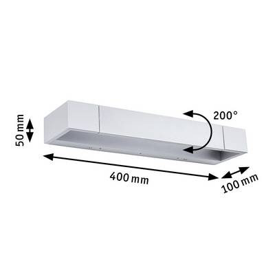 Un luminaire rectangulaire de dimensions 400 mm x 100 mm x 50 mm, pivotant jusqu'à 200 degrés.