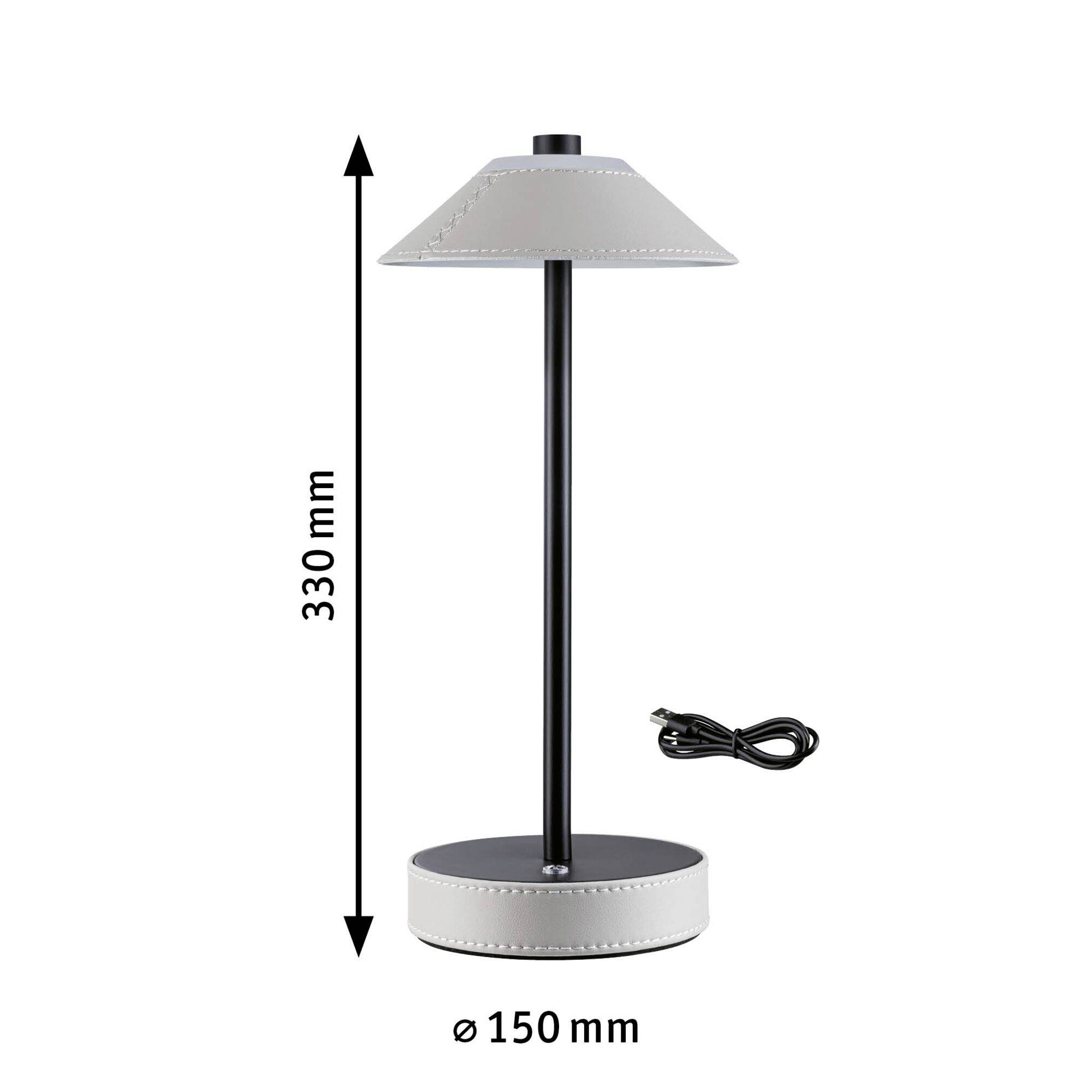Lampe de table avec abat-jour conique, hauteur 330 mm, diamètre 150 mm. Repose sur un socle rond, câble noir posé à côté.