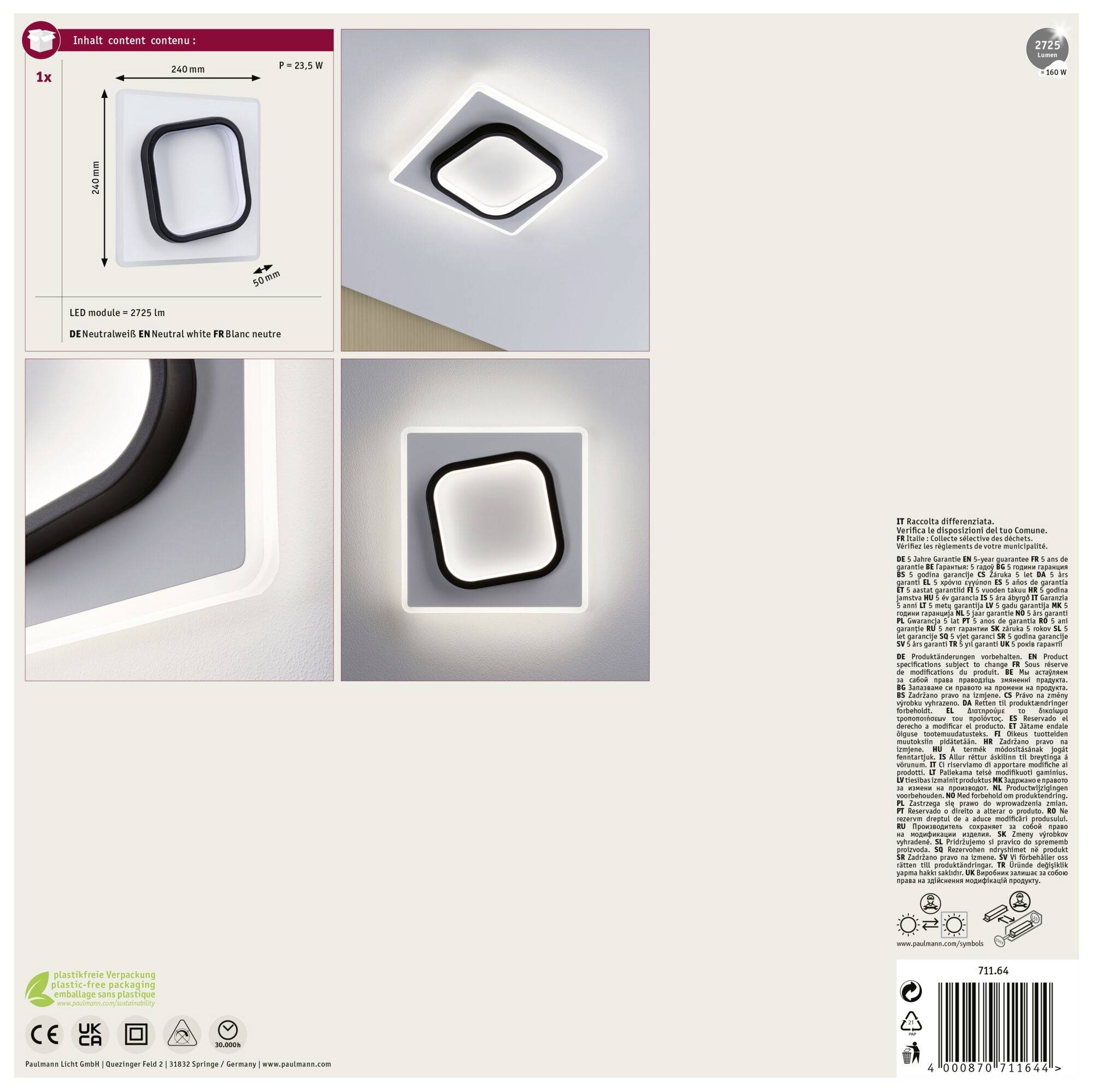 Plafonnier carré avec éclairage LED, cadre noir et blanc. Comprend un manuel d'installation et des détails techniques.