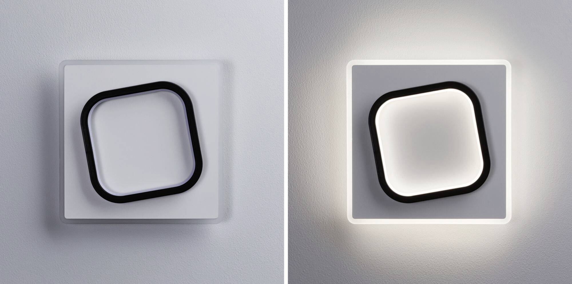 Deux appliques murales carrées, éteintes à gauche et allumées à droite avec un cadre lumineux. Design moderne sur un fond clair.