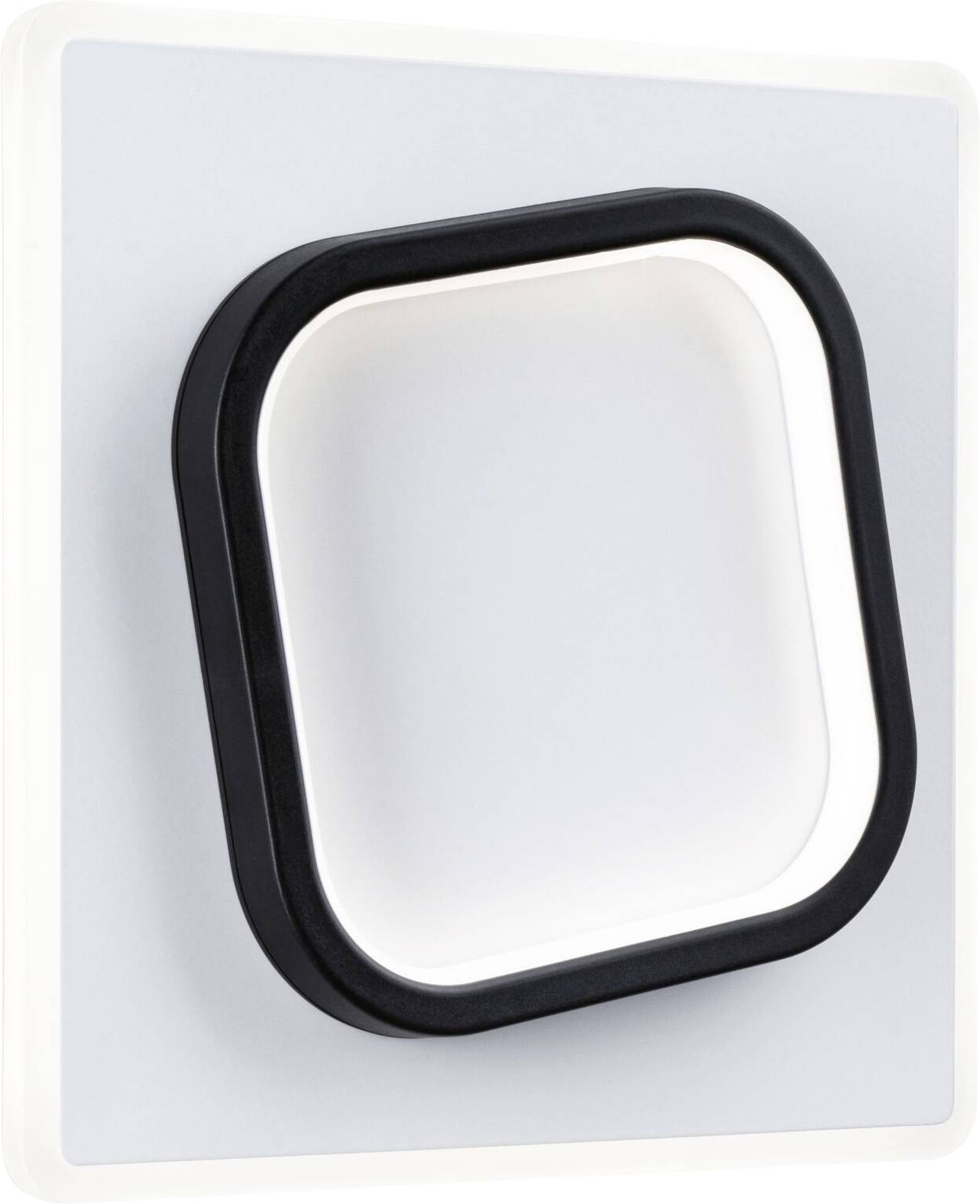 Applique murale avec élément carré pivotant en noir et blanc, design simple et moderne.