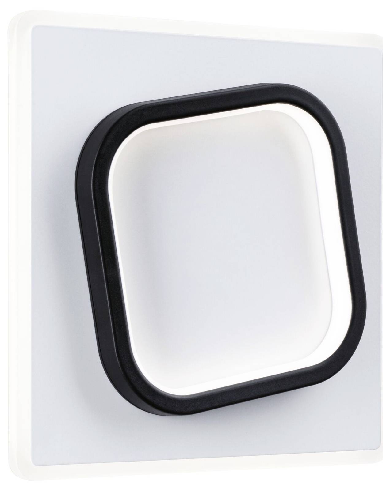 Applique murale blanche de forme carrée avec un cadre noir arrondi, offrant un éclairage doux dans un design moderne.