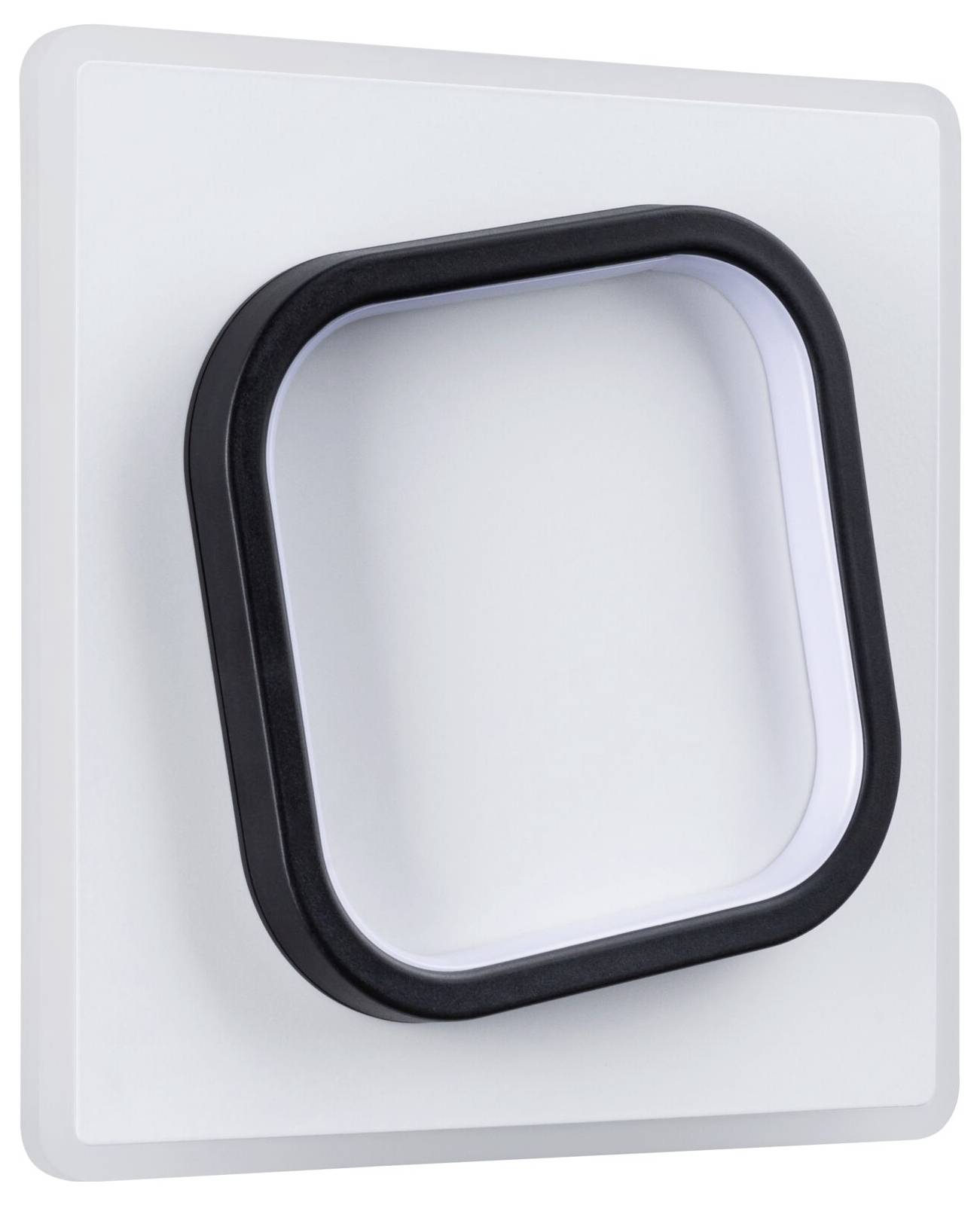Lampe murale carrée blanche avec un cadre noir central arrondi en forme de carré. Design moderne et minimaliste.