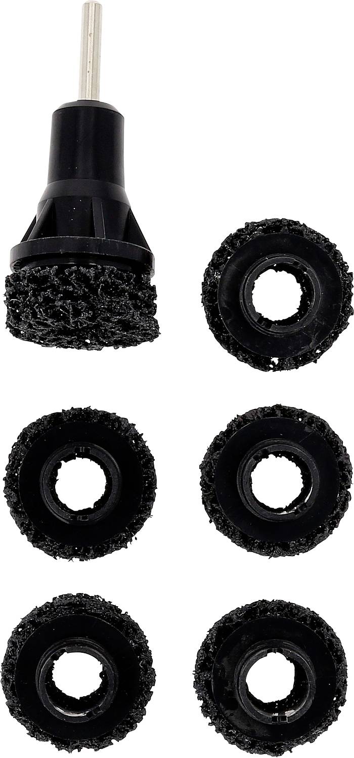 Un ensemble de six embouts de brosses de nettoyage noirs, dont un avec un adaptateur, convenant au nettoyage de surfaces.