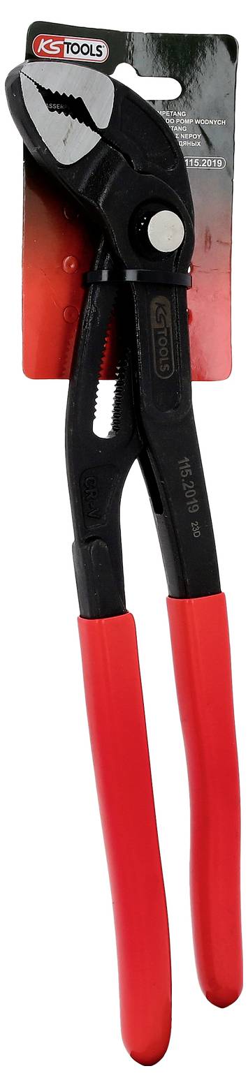 Pince pour pompe à eau avec poignées rouges sur une carte d'emballage.