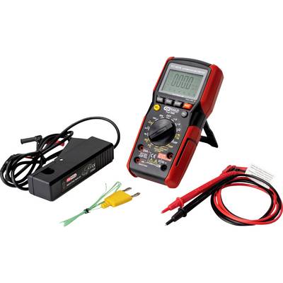Un multimètre numérique avec des câbles, des pinces crocodile et une sonde de température. Adapté pour les mesures électriques.