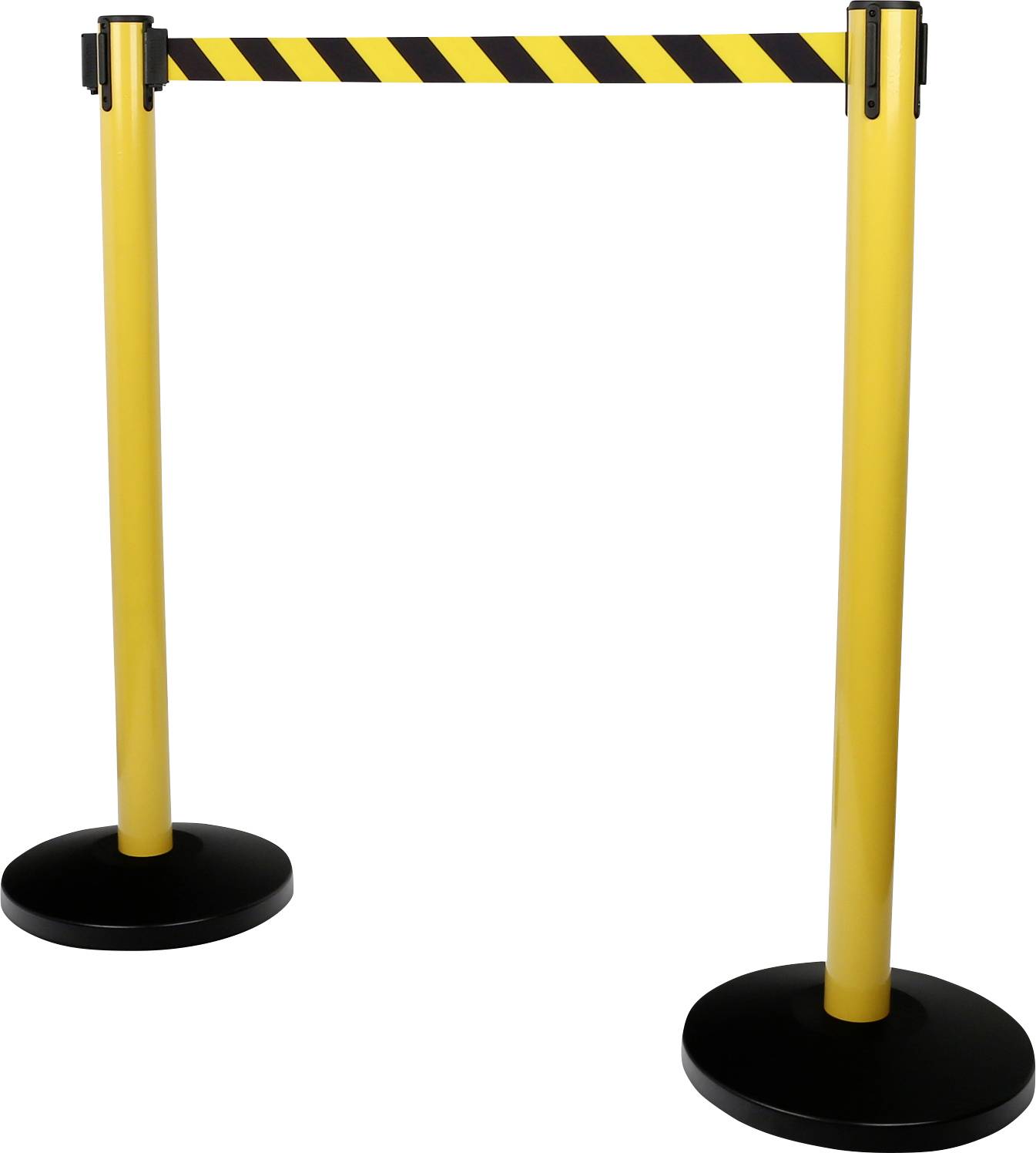 Barrière jaune avec ruban noir et jaune, installée sur un socle noir. Utilisée à des fins de sécurité ou de contrôle dans les espaces publics.