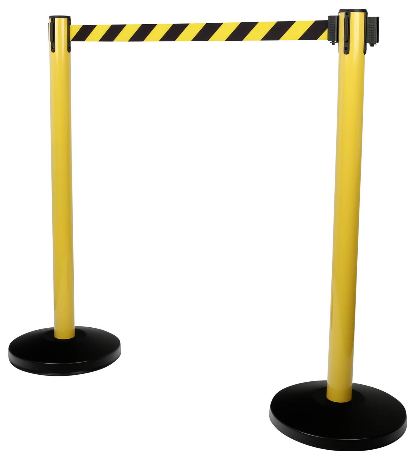 Potelets jaunes avec ruban noir et jaune, utilisés à des fins de sécurité ou de délimitation.