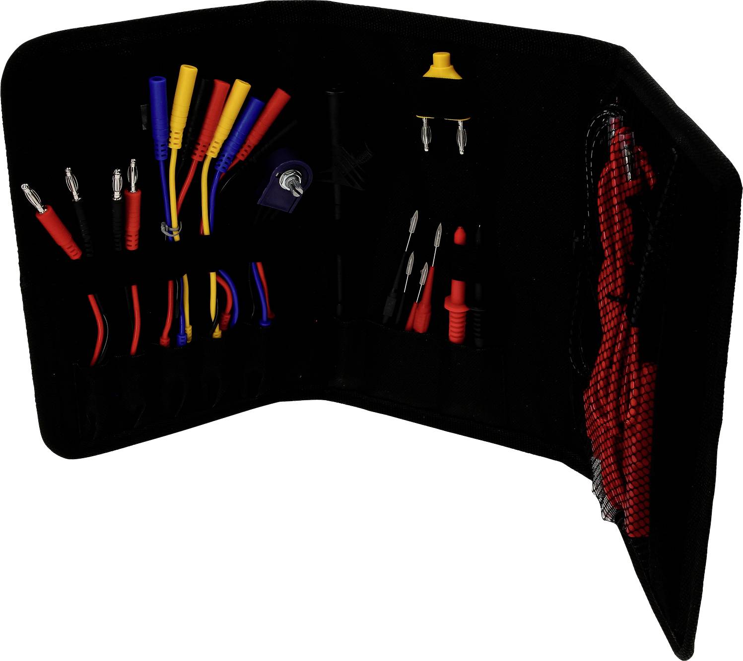 Kit de maintenance comprenant différents connecteurs et câbles de couleurs variées ; incluant un tournevis et des câbles de test de mesure.