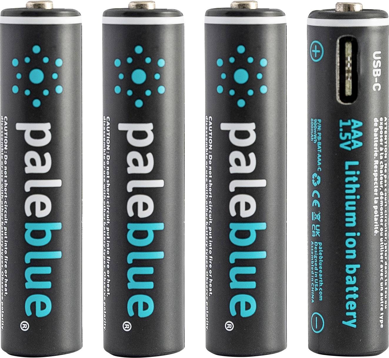 Quatre batteries rechargeables AA lithium-ion avec connexion USB-C. Toutes les batteries sont noires avec l'inscription 'paleblue'.