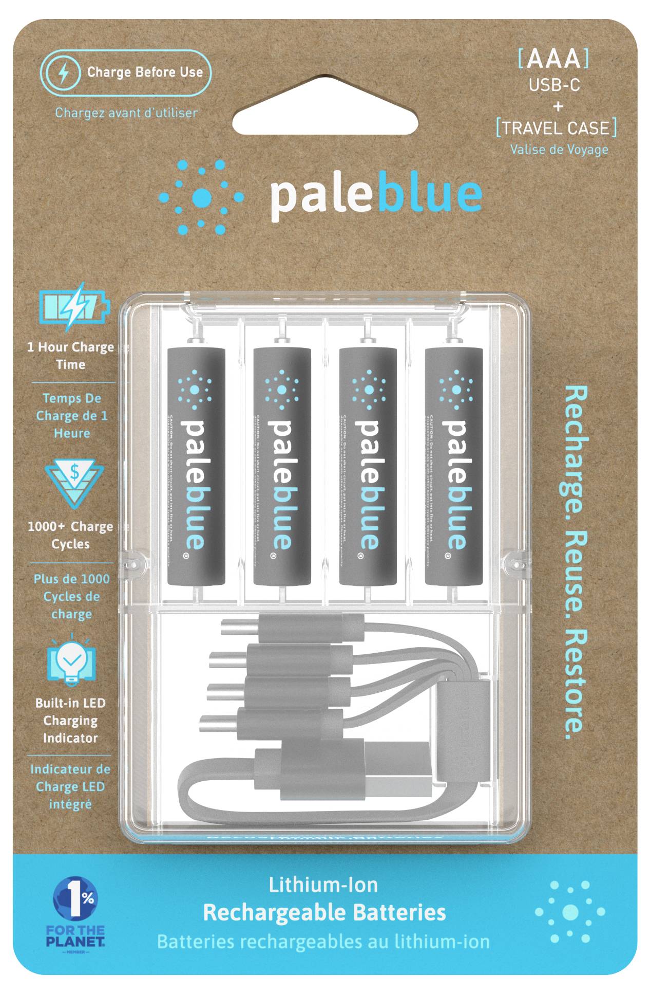 Piles rechargeables AAA 'Pale Blue' en pack de 4, avec câble de charge USB-C, temps de charge de 1 heure, dans un étui de rangement réutilisable.