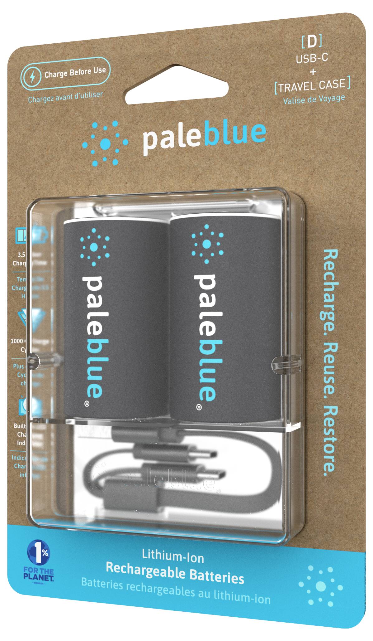 Piles lithium-ion 'Paleblue' dans un étui en plastique. Contient deux batteries rechargeables USB-C avec câble de chargement.