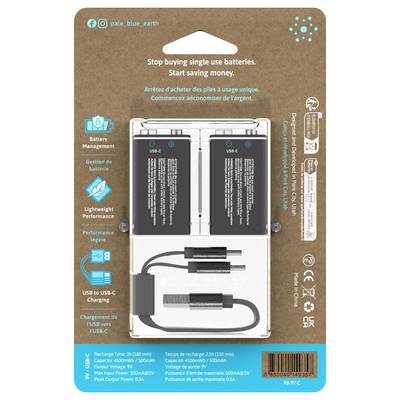 Chargeur de batterie avec deux batteries insérées, câble USB-C et adaptateur. Texte en anglais, français et espagnol sur la gestion des batteries.