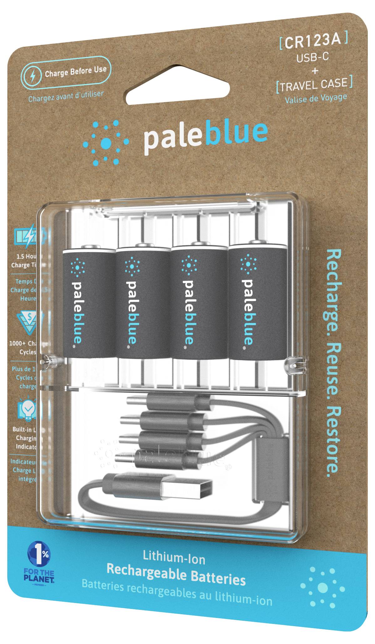 Quatre batteries lithium-ion de 'paleblue' dans un emballage comprenant un câble de charge USB-C et une trousse de voyage, mettant l'accent sur la réutilisabilité.