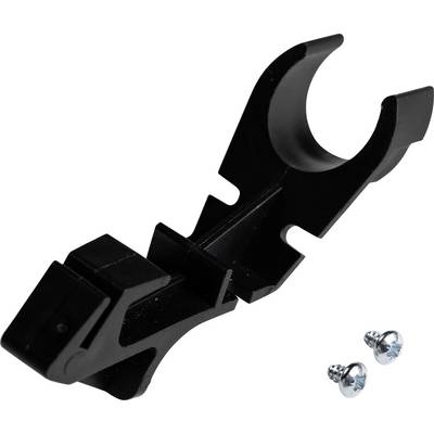 Support de vélo noir en plastique avec deux vis de fixation. Conçu pour un montage sécurisé sur les cadres de vélo.