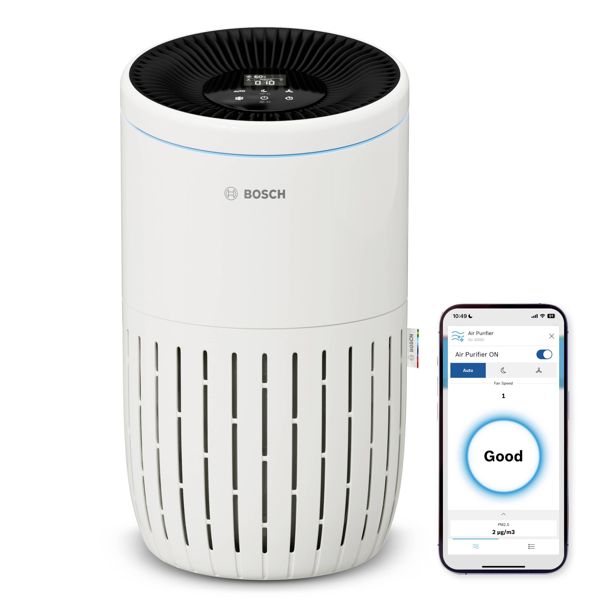 Un purificateur d'air blanc avec un écran numérique, à côté d'un smartphone affichant l'application de contrôle de l'appareil.